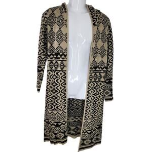 Faded Glory Women SM Black &Tan Geometric Pattern Long Open Cardigan Sweater NWT
